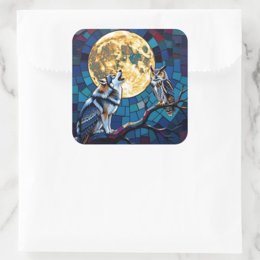 オオカミとフクロウのモザイクアート スクエアシール (バッグ)
