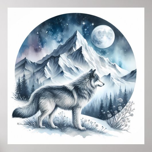 オオカミと冬の山の風景 ポスター (正面)