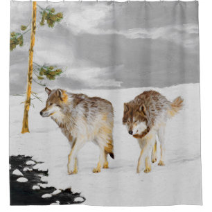 オオカミと雪の絵画オリジナル野生動物芸術 シャワーカーテン