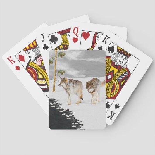 オオカミと雪の絵画オリジナル野生動物芸術 トランプ (裏面)