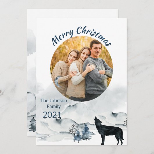 オオカミのクリスマスファミリー写真と冬のシーン (正面/裏面)