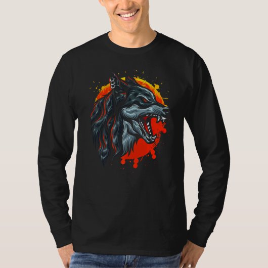 オオカミのファンのためのオオカミ人夕日 Tシャツ (正面)