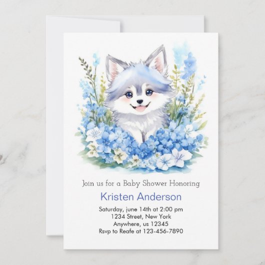 オオカミのブルーブリスフルウッドランドボーイ赤ちゃんシャワー 招待状 (正面)