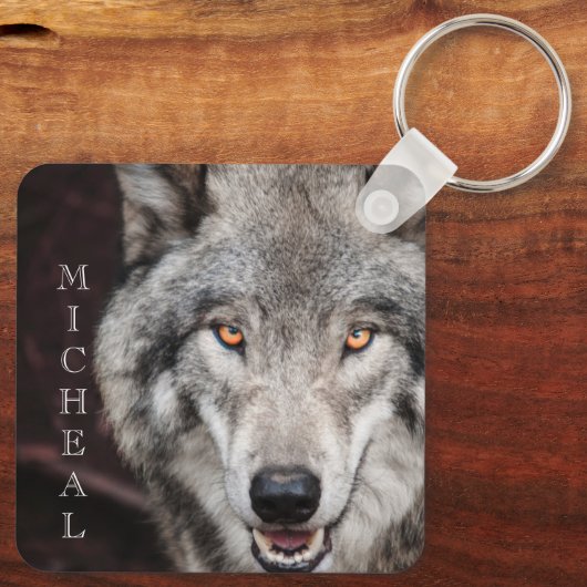 オオカミの写真　名前入り キーホルダー (裏面)