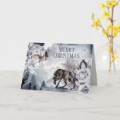 オオカミの冬のログキャビンの国の森林の雪のシーン カード (黄色い花)