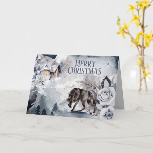 オオカミの冬のログキャビンの国の森林の雪のシーン カード (黄色い花)