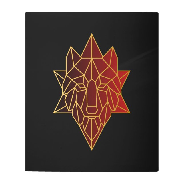 オオカミの動物の幾何学的金ゴールドと赤いグラデーション メタルプリント (正面)