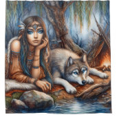 オオカミの友人と平和な川辺 シャワーカーテン (正面)