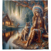 オオカミの友人と平和な川辺 シャワーカーテン (正面)