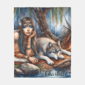 オオカミの友人と平和な川辺 フリースブランケット (正面)