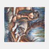 オオカミの友人と平和な川辺 フリースブランケット (正面(横))