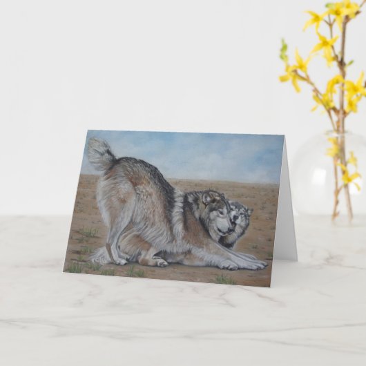 オオカミの景色の野性生物の現実主義者の芸術の挨拶状 カード (黄色い花)