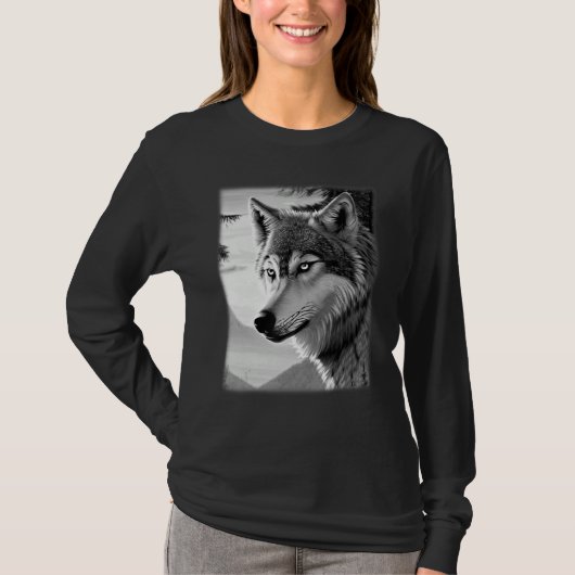 オオカミの森の動物プリント捕食者モチーフの頭部 Tシャツ (正面)