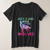 オオカミの水彩大好きな女の子 プラスサイズTシャツ (デザイン正面)