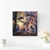 オオカミの満月の反応 スクエア壁時計 (ホーム)