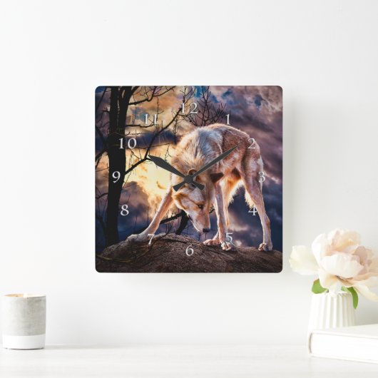 オオカミの満月の反応 スクエア壁時計 (ホーム)