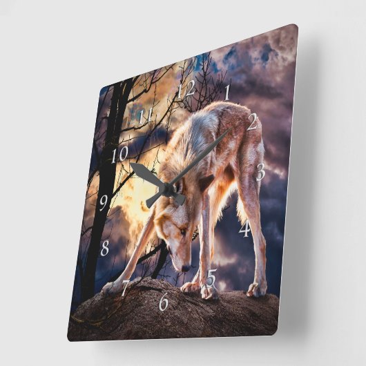 オオカミの満月の反応 スクエア壁時計 (傾斜)
