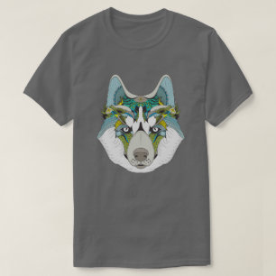 オオカミの皮が緑の青を飾った Tシャツ