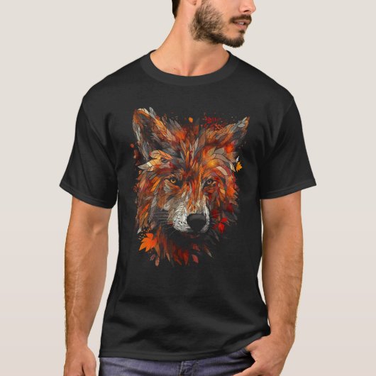 オオカミの秋の葉　動物モチーフの狼 Tシャツ (正面)