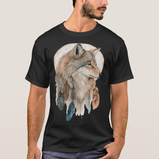 オオカミの部族の水の色オオカミのドリームキャッチャー Tシャツ (正面)