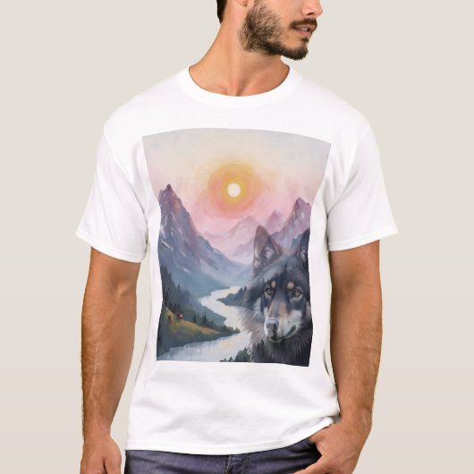 オオカミの錯視がある雄大な山々 Tシャツ (正面)