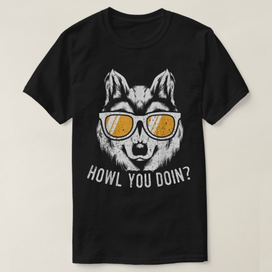 オオカミの面白いデザイン 狼は元気？狼たちよ Tシャツ (デザイン正面)