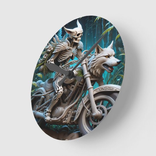 オオカミの頭を取り付けたチョッパーのスケルトン ラウンド壁時計 (傾斜)