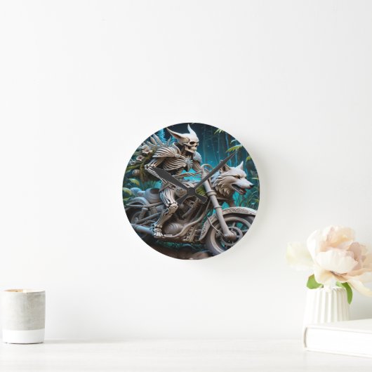 オオカミの頭を取り付けたチョッパーのスケルトン ラウンド壁時計 (ホーム)