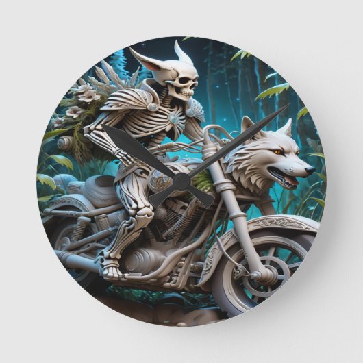 オオカミの頭を取り付けたチョッパーのスケルトン ラウンド壁時計 (正面)