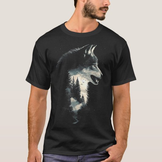 オオカミの顔 森林 自然 動物 吠える 鳥 Tシャツ (正面)