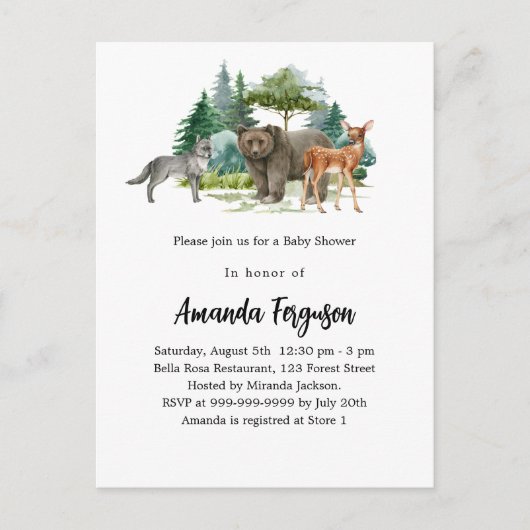 オオカミの鹿が生える赤ちゃんシャワーウッドランド森林動物 インビテーションポストカード (正面)