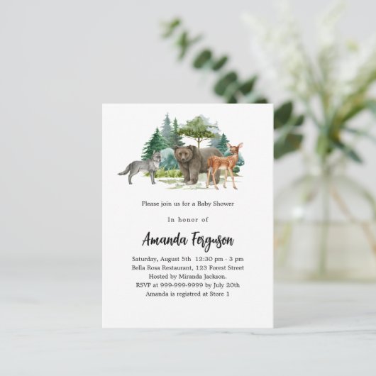 オオカミの鹿が生える赤ちゃんシャワーウッドランド森林動物 インビテーションポストカード (スタンド正面)