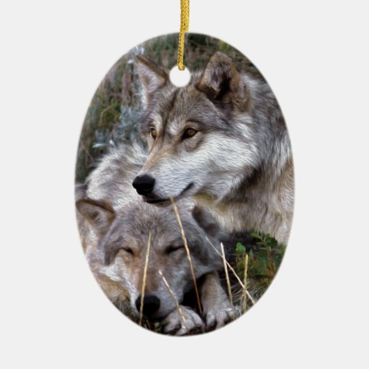 オオカミの~のデジタル油の苦痛 セラミックオーナメント (正面)