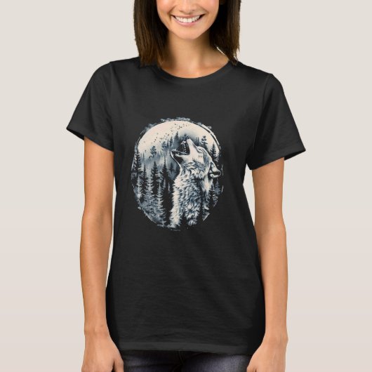 オオカミは月と森のオオカミの前でハウリング Tシャツ (正面)