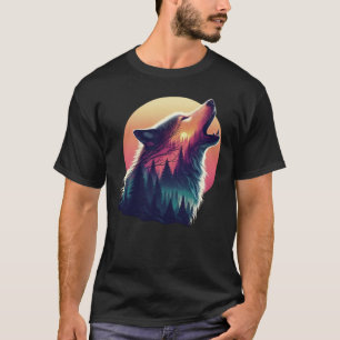 オオカミは月の夜空の日没の森でハウリング Tシャツ