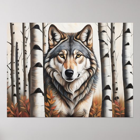 オオカミは樺の木の木々の間に ポスター (正面)