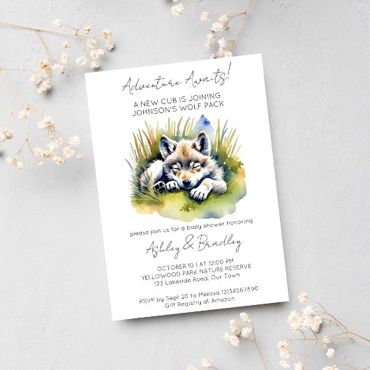 オオカミをテーマにした冒険がベビーシャワーを待っています 招待状
