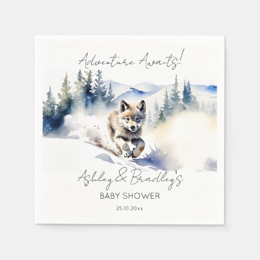 オオカミをテーマにした冒険が赤ちゃんのシャワーを待つ スタンダードカクテルナプキン (正面)