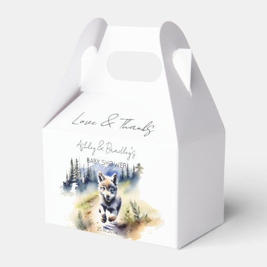 オオカミをテーマにした冒険が赤ちゃんのシャワーを待つ フェイバーボックス (正面サイド)