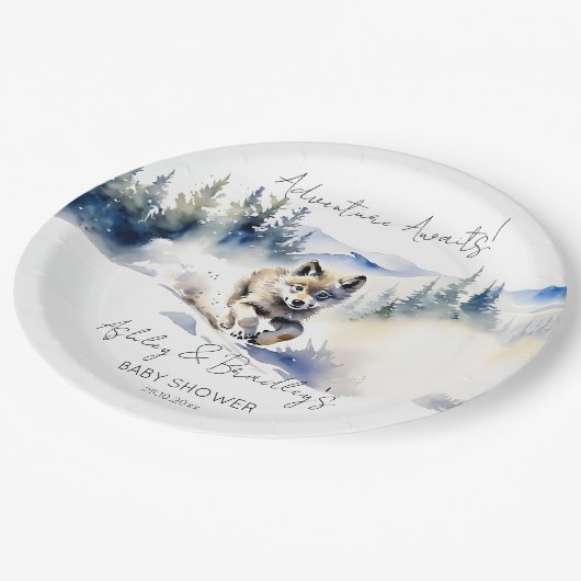 オオカミをテーマにした冒険が赤ちゃんのシャワーを待つ ペーパープレート (アングル)