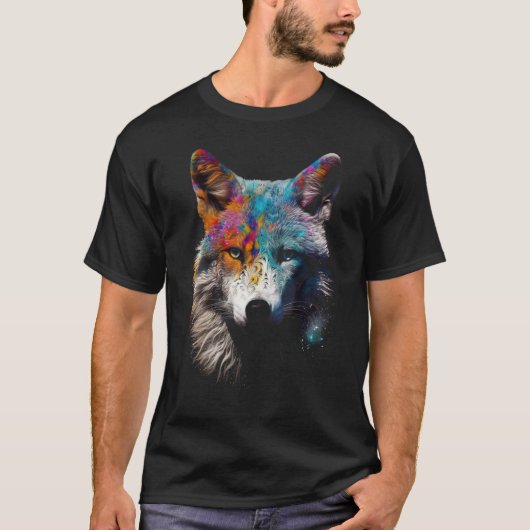 オオカミカラフル – 動物アートのモチーフ Tシャツ (正面)