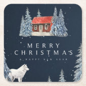 オオカミ付きメリークリスマス/雪の冬のキャビン スクエアペーパーコースター (正面)