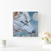 オオカミ冬の満月の上昇 スクエア壁時計 (ホーム)