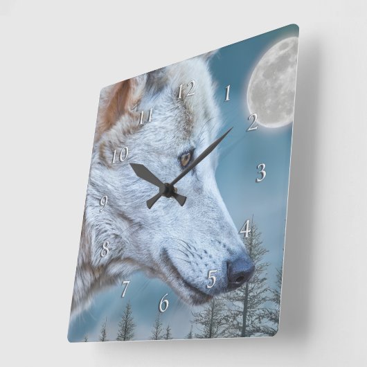 オオカミ冬の満月の上昇 スクエア壁時計 (傾斜)