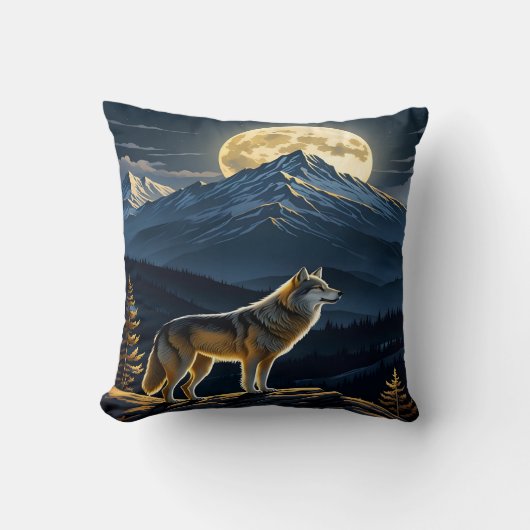 オオカミ威厳のあるが満月の光の下で泣いている クッション (正面)