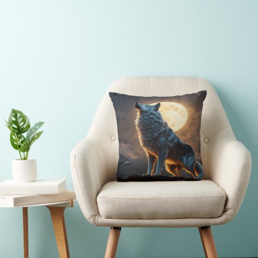 オオカミ威厳のあるが満月の空の下で吠える クッション (椅子)