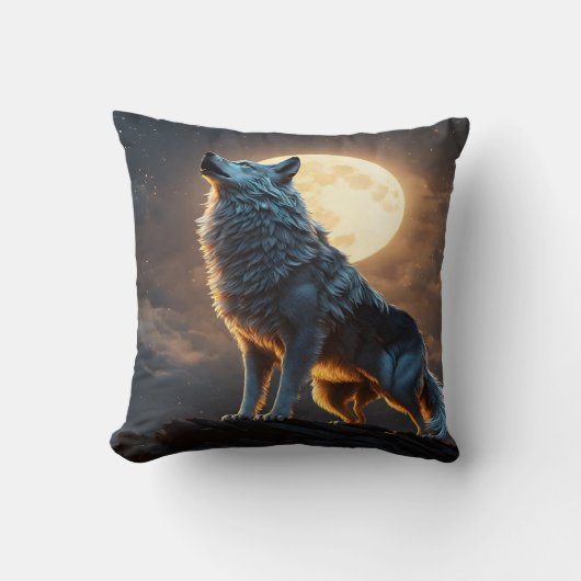 オオカミ威厳のあるが満月の空の下で吠える クッション (正面)
