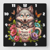 オオカミ母:パップ、花、母の日 スクエア壁時計 (正面)