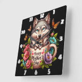 オオカミ母:パップ、花、母の日 スクエア壁時計 (傾斜)