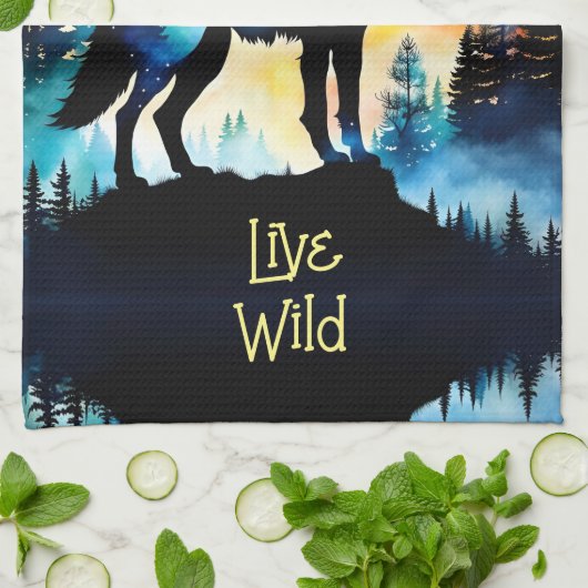 オオカミ満月の水色の木 キッチンタオル (折り畳み)